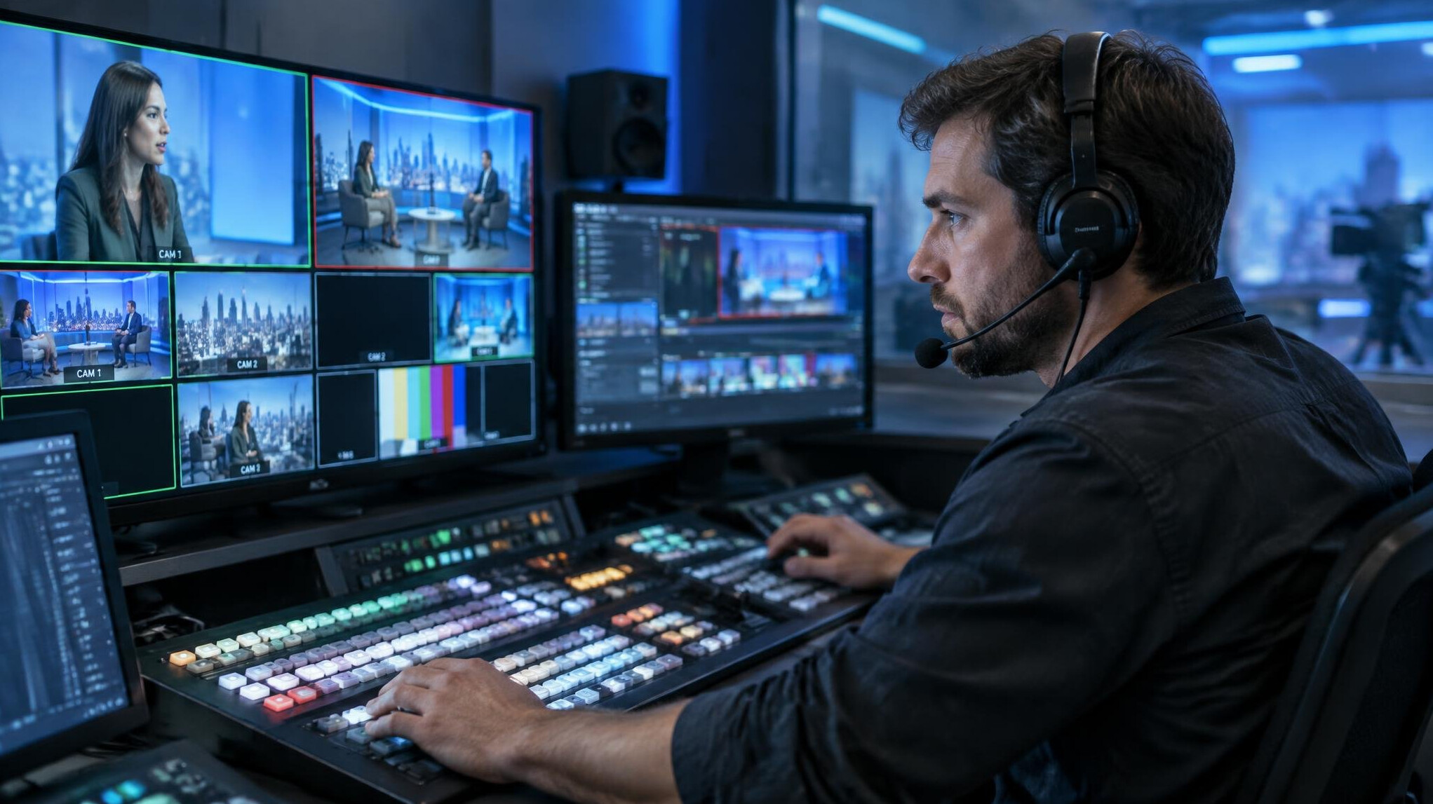 Video operator adjusting a live broadcast switcher panel with multiple screens