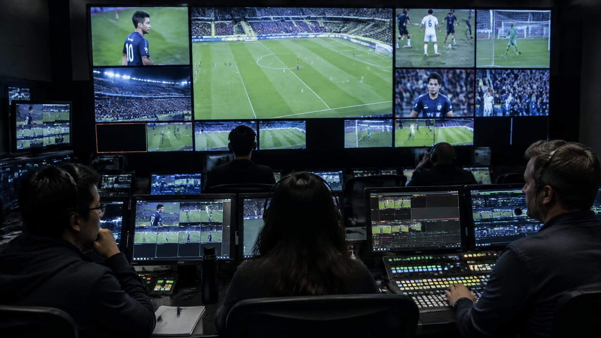 Live sports broadcast control room with large video wall