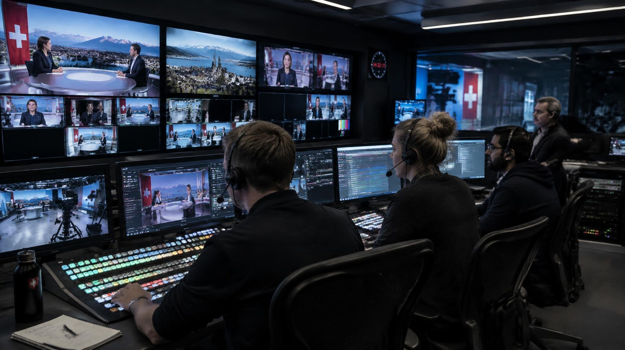 Television control room with multiple camera monitors and a live broadcast switcher