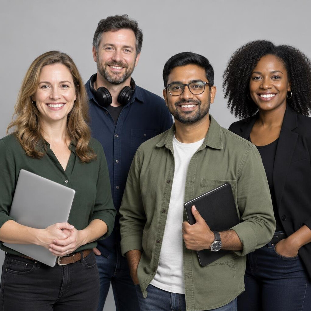 Team of four television production trainers standing together in a studio